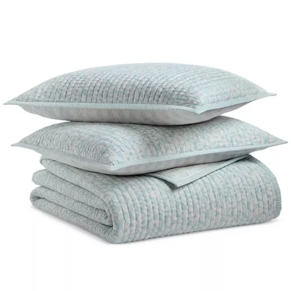 Charter Club Cotton Quilt Leaf Silhouette 3 Piece Set Full Queen Blue